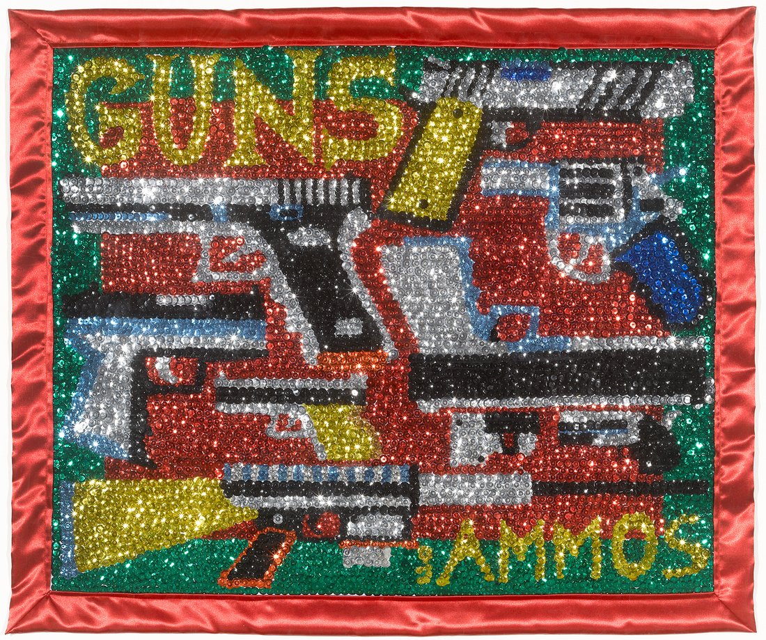 Guns, 2005 Autour du monde, 14e étape, Little Haiti, Miami, Floida. États Unis Avec l’aide des couturières Esther Michel et Rocio Paez Sequins et perles sur tissu 75 × 90 cm Centre Pompidou, Musée national d’art moderne, Paris Don de l’artiste en 2013 © Adagp, Paris Photo © Centre Pompidou, Mnam-Cci/Georges Meguerditchian/Dist. Rmn-Gp